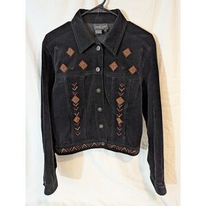 Hand-Embroidered Carole Little Corduroy Jacket Size 6 Black Boho Western Vintage
